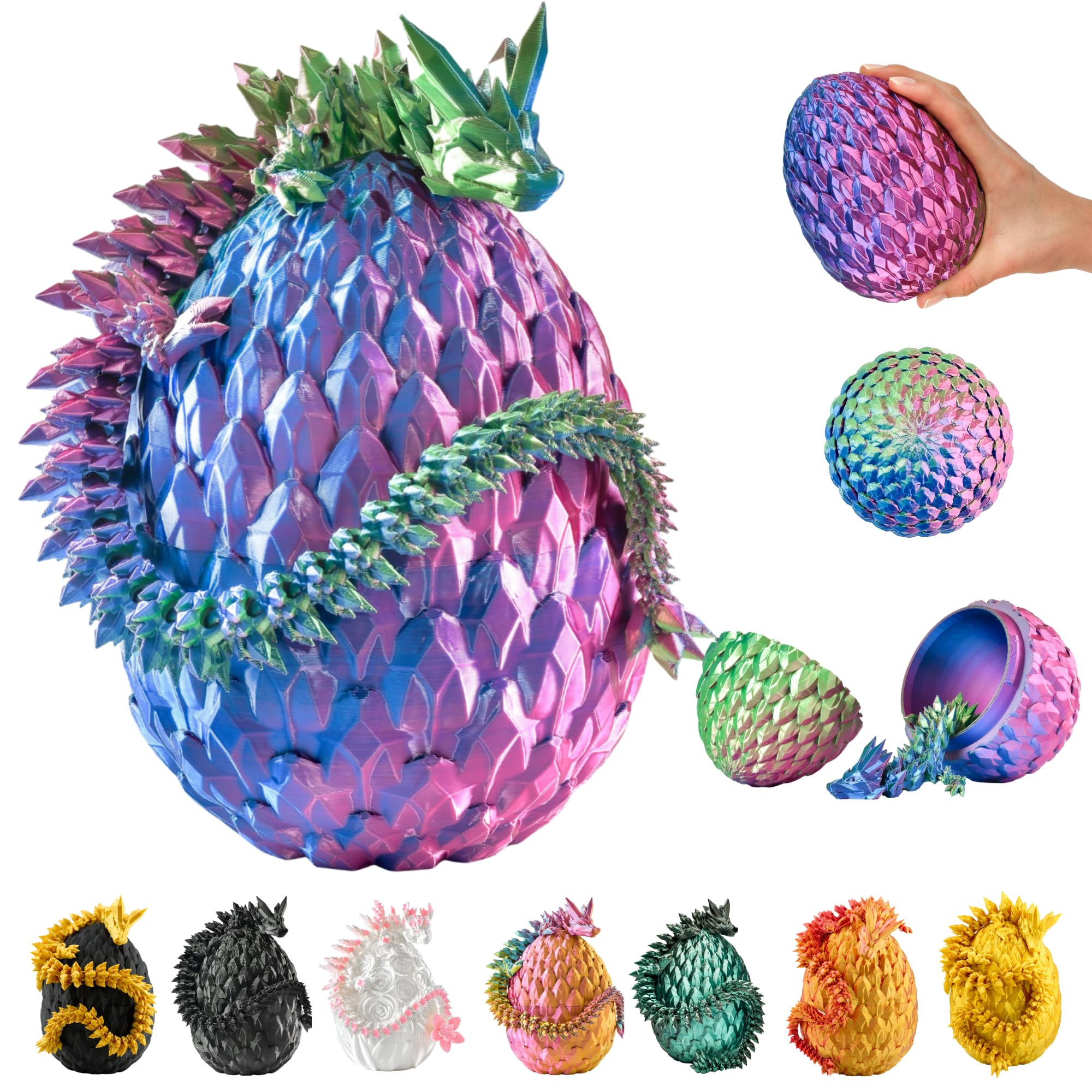 3D Dragon in Egg – 14.17 inches (36 cm) Figure with 4.73 inches (12 cm) Egg, Movable Fantasy Toy & Collectible Figurine for Kids (Blue/Green/Purple) — image 1