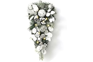 Valery Madelyn Pre-Lit Christmas Teardrop Swag for Decorating Outdoor, 24 Inch Sliver White Royal Mailbox Swag Decoration with 20 LED Lights, Ball Ornaments for Front Door Stairway Window Shelf Xmas