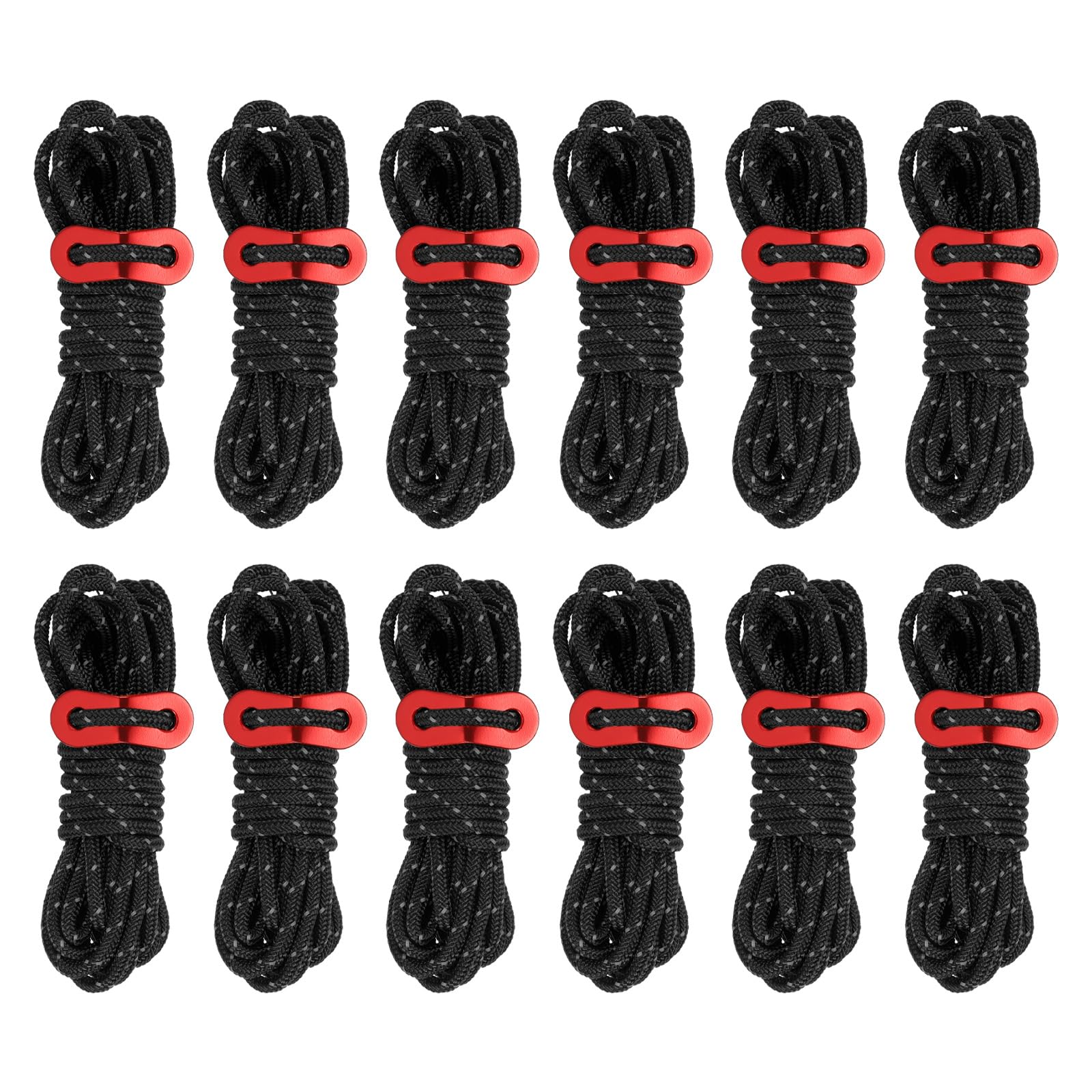 PATIKIL 4mm Tent Rope, 12 Pack 13ft Reflective Guyline Cord Tied Downs Rope Paracord Cord Camping Ropes with Red Aluminum Cord Adjusters for Camping Hiking Tent, Black
