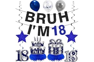 Kuxriox 11Pcs 18th Birthday Decorations for Boys Men, Blue Sliver Happy 18th Birthday Banner, Bruh I'm 18 Balloons Centerpieces Swirls Party Supplies, Eighteen Bday Banner Ceiling Table Topper Sign