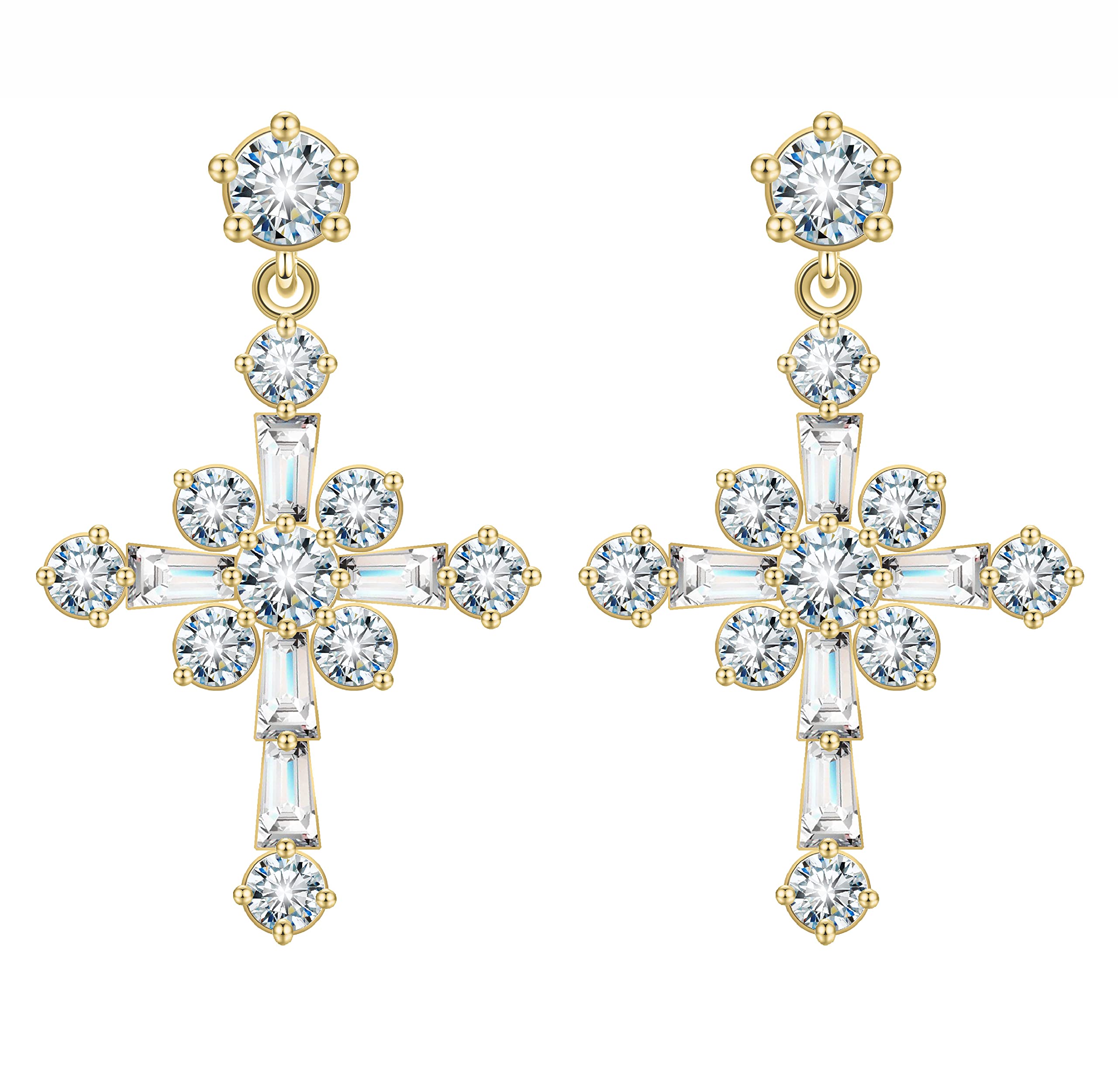 KristLand Full Cubic Zirconia Elegant Cross Gothic Piercing Stud Earrings Sterling Silver Ear Pin with White Gold Plated for Women Ladies