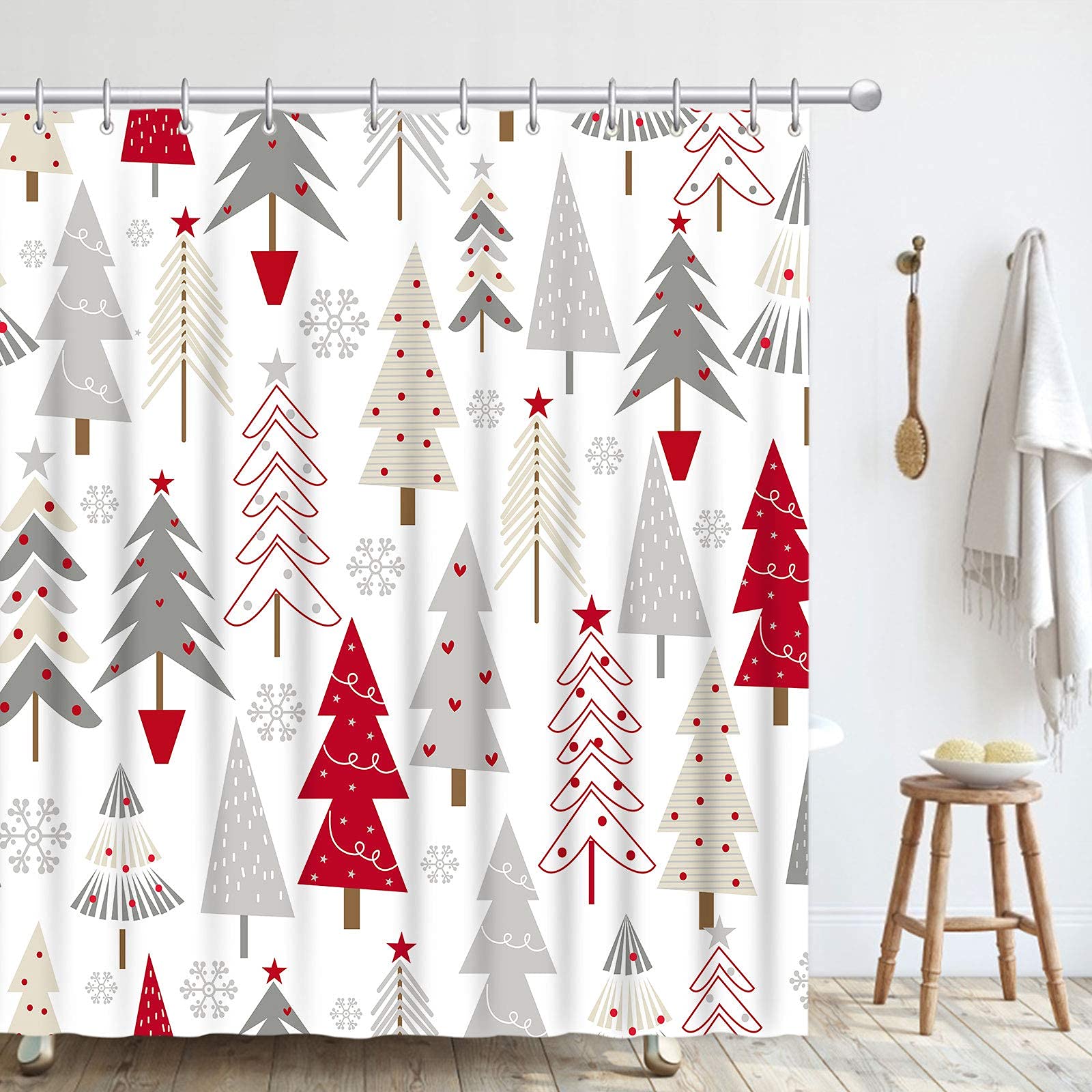 GOOESING Christmas Shower Curtain, Hand Drawing Christmas Tree Cloth Fabric Bathroom Decor with Hooks for Holiday Home Decor