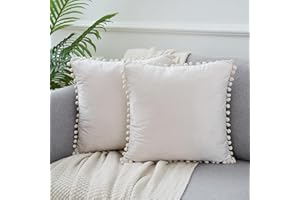 Pack of 2 Velvet Throw Pillow Covers with Pompoms Decorative Pillow Cases Fringe Cushion Covers Velvet Square Sham for Farmho