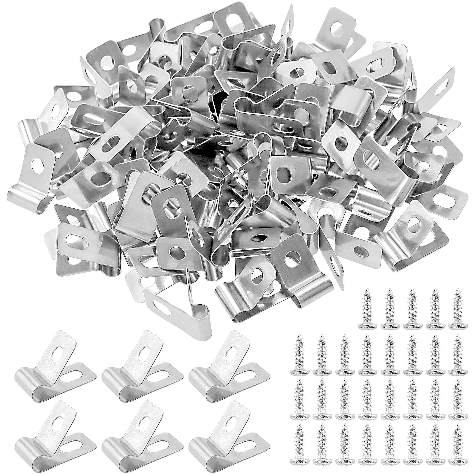 MUKSUET 200 PCS Agricultural Fencing Mounting Clips, R Type Cable Clips, Stainless Steel Wire Mesh Clips with Screws Cable Clips, Silver Wire Clamp for Fixing Wire to Fence or Wall