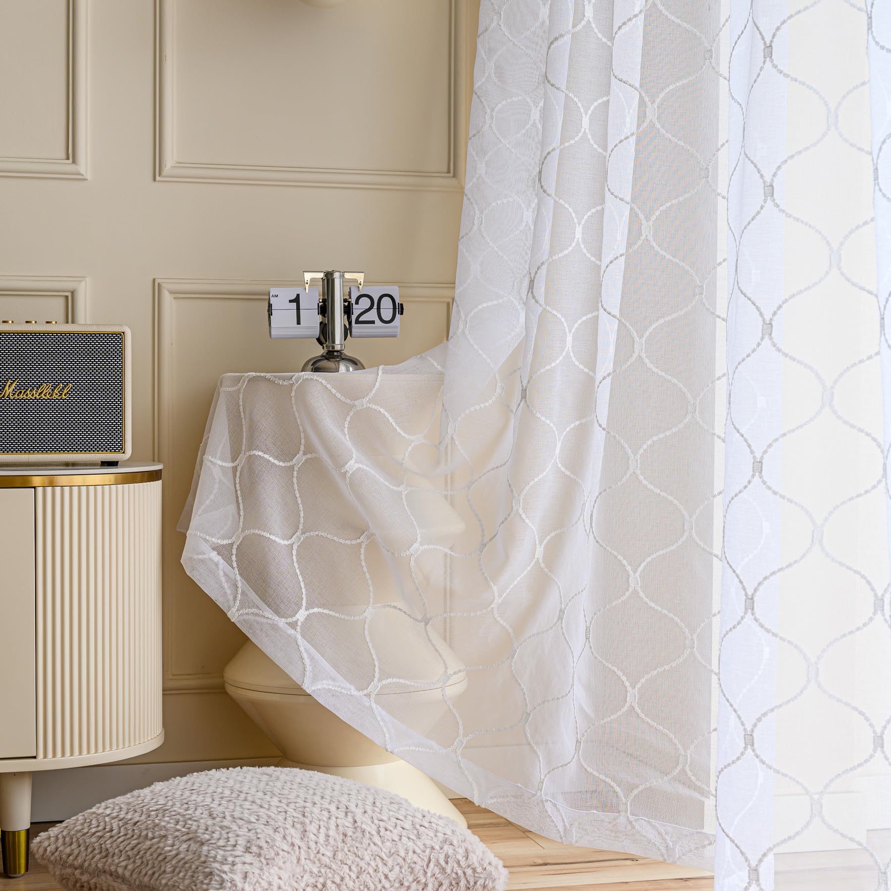 MYSTIC-HOME Sheer Curtains White 63 Inches Embroidered Wave Diamond, Rod Pocket Voile Drapes Treatments Semi Crinkle Curtain Panels for Yard, Villa, Parlor, Set of 2, Wavy White, 52" Wx63 L