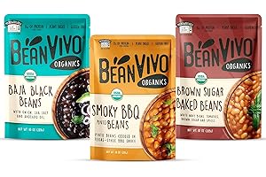 BeanVIVO - Variety 3 Pack (10 oz each) - Organic Baja Black Beans, Brown Sugar Baked Beans, BBQ Pinto Beans - Seasoned & Ready to Eat, Plant Protein, Vegan, Gluten Free, Microwaveable, Instant Meals