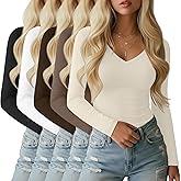 Sweetyweee 5 Pack Long Sleeve V Neck T Shirts for Women, Cotton Slim Fitted Shirt Casual Tight Basic Tee Tops for Layering