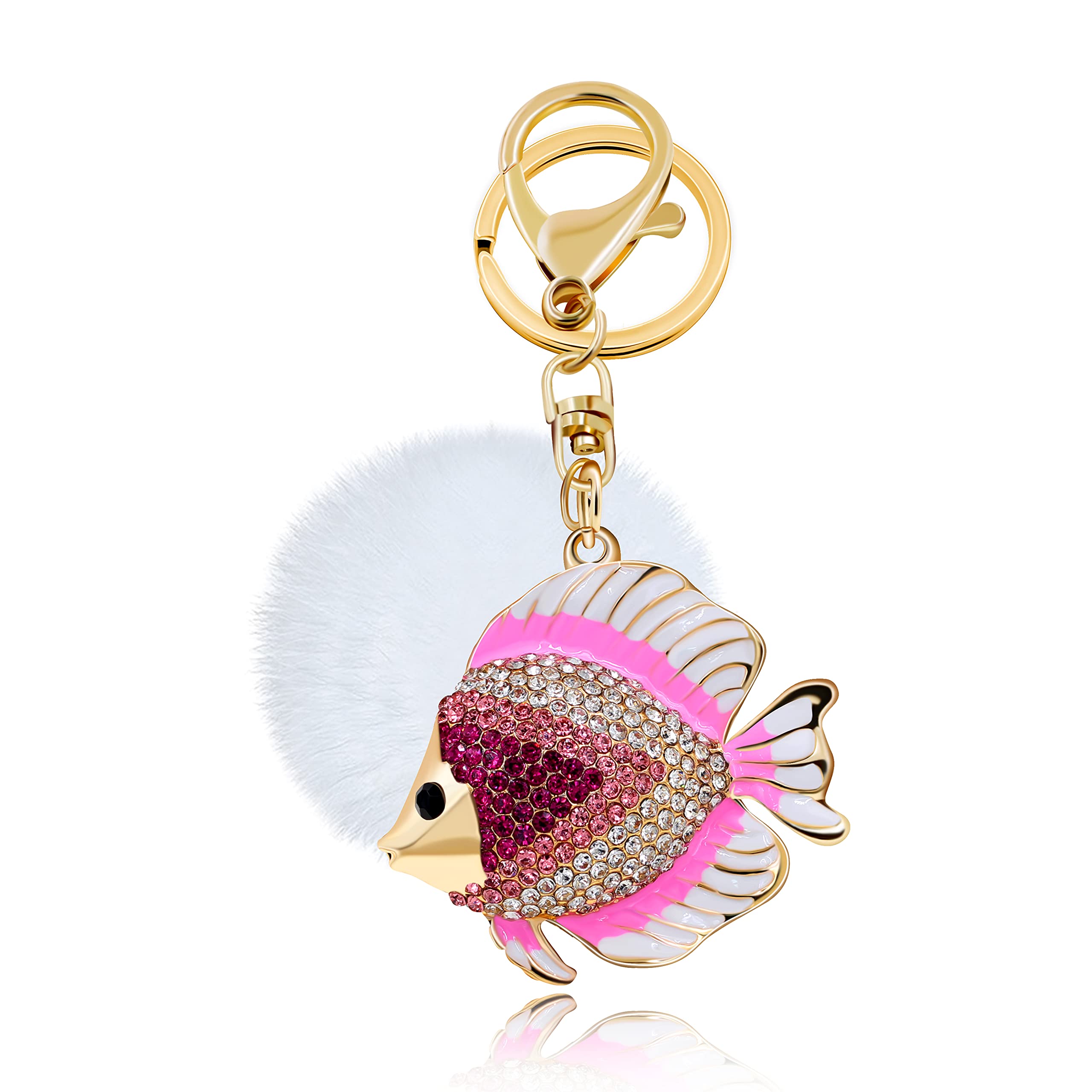 Uloveido Women Cute Pink Crystal Fish Key Chains Keychains for Mom Girls with White Fur Ball