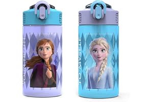 Zak Designs Disney Frozen 2 Kids Water Bottle Set with Reusable Straws and Built in Carrying Loops, Made of Plastic, Leak-Proof Designs 16 oz, BPA-Free, 2pc Set, Elsa & Anna (Frozen 2)