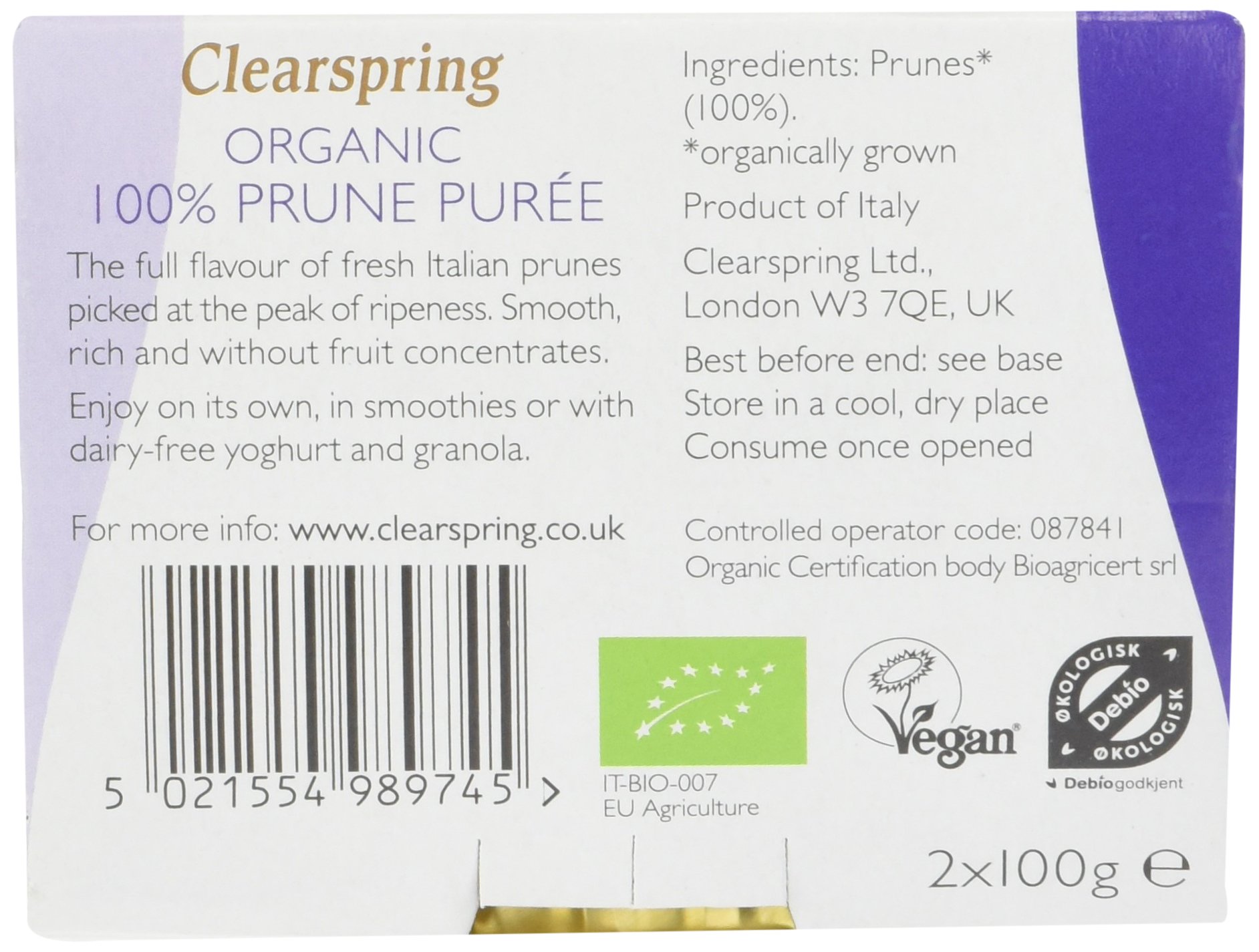Clearspring Organic 100 Percent Prune Puree 2x 100g Pack