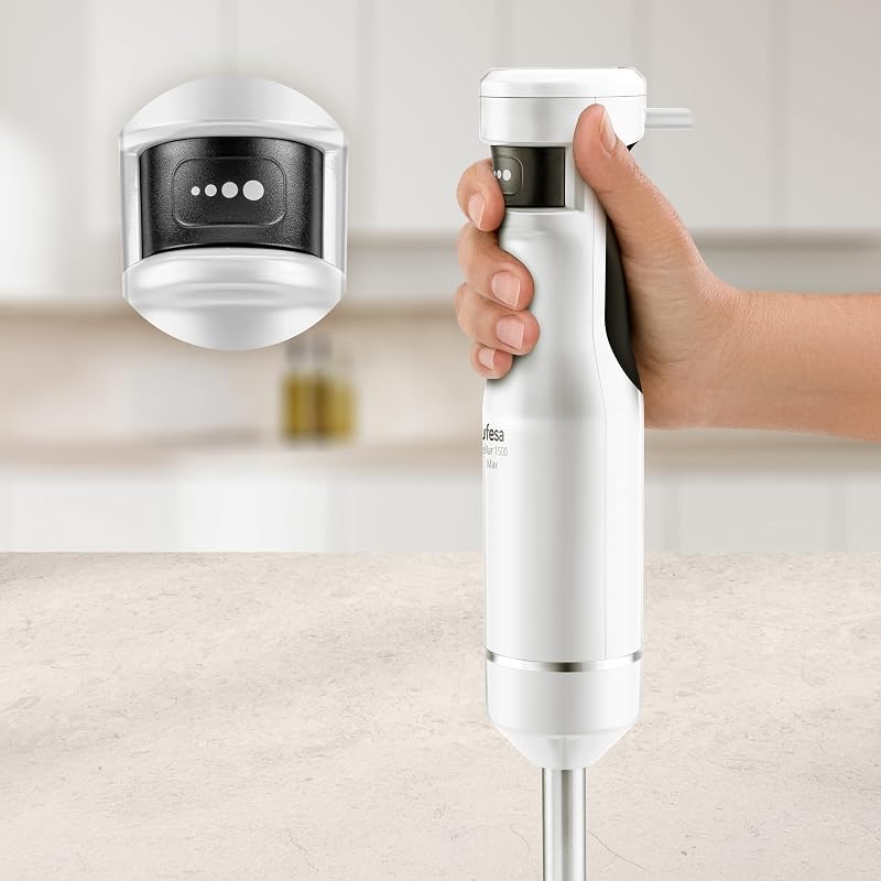 Batidora de Mano Stellar Max TouchSpeed 1500W, Pantalla Digital, Velocidad Táctil Variable, 4 Cuchillas Alta Eficiencia, Ergonómico, Antisalpicaduras, Vaso Medidor, Emulsionador y Picadora