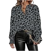 SOLY HUX Women's Plus Size Leopard Print Blouse Notched V Neck Long Sleeve Casual Shirt Tops