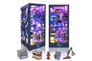 FLYNOVA Cyberpunk DIY Book Nook Kit,Tech Miniature House Kit,Bookshelf Booknook Insert Dollhouse,Dust Proof Tiny House Model,3D Wooden Puzzle with Cool Lights,Easter Halloween Home Decor,Family Birthday Gifts