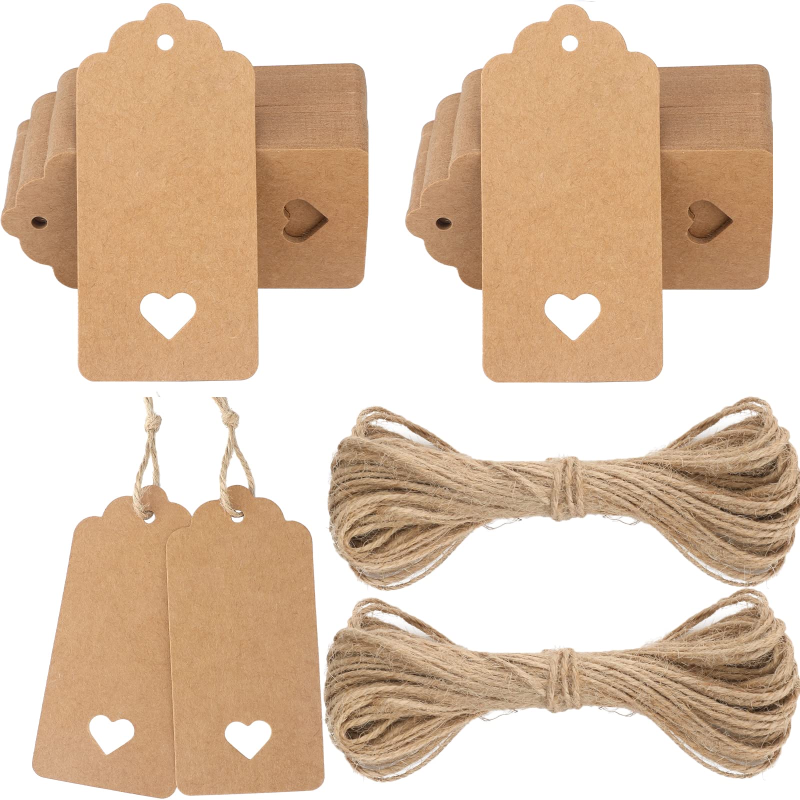 G2PLUS Brown Gift Tags with Heart, 100PCS Blank Paper Tags with String, 4.5cm x 9.5cm Large Gift Labels for Wedding Favors, Presents, 300g/m²
