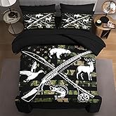 WeCozy Full Size Comforter Set with 2 Pillowcase & 2 Sham, Hunting Fishing Hunter Green 7 Pcs Bedding for Kids and Adults, Vintage Animal Bed in a Bag with Flat Fitted Sheet