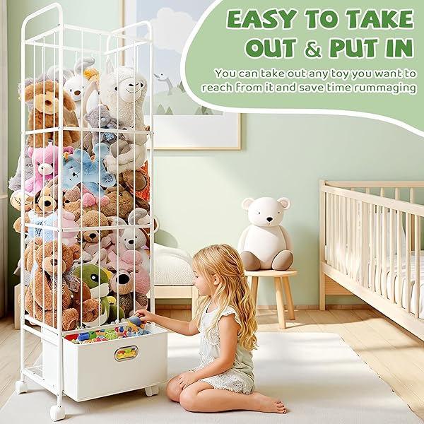 PUPPILUV STUFFED ANIMAL STORAGE, METAL STUFF ANIMALS ZOO HOLDER WITH FABRIC DRAWER AND WHEELS TALL VERTICAL PLUSHIES TOY ORGANIZER PLUSH STORAGE CAGE WITH ELASTIC BAND FOR NURSERY PLAYROOM CORNER