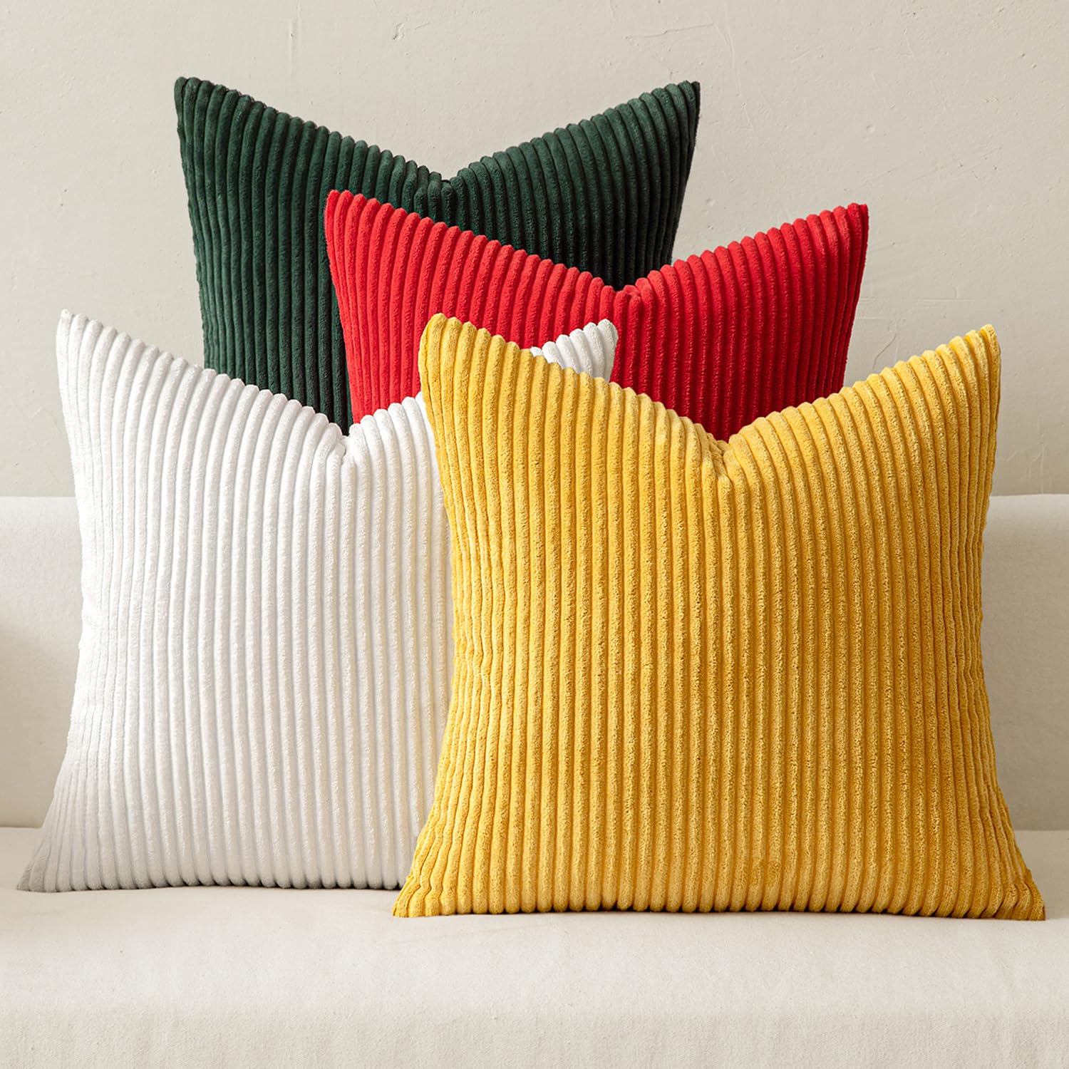 MIULEE Pack of 4 Red-Green Corduroy Decorative Throw Pillow Covers 16x16 Inch Soft Boho Striped Pillow Covers Modern Farmhouse Home Decor for Winter Sofa Living Room Couch Bed