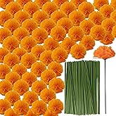 ROYHOO 101PCS Marigold Flower Heads Bulk, Silk Marigold with Stems Artificial Flowers for Diwali Home Decor Day of The Dead Wreath Garland