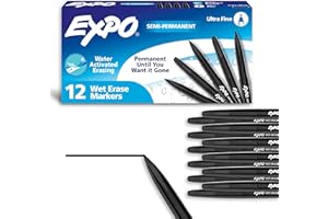 EXPO Wet Erase Markers, Semi-Permanent, Black, Ultra Fine Tip, 12 Count - For Writing on Glass, Whiteboards, Mirrors, Calendar, Labeling, Organizing