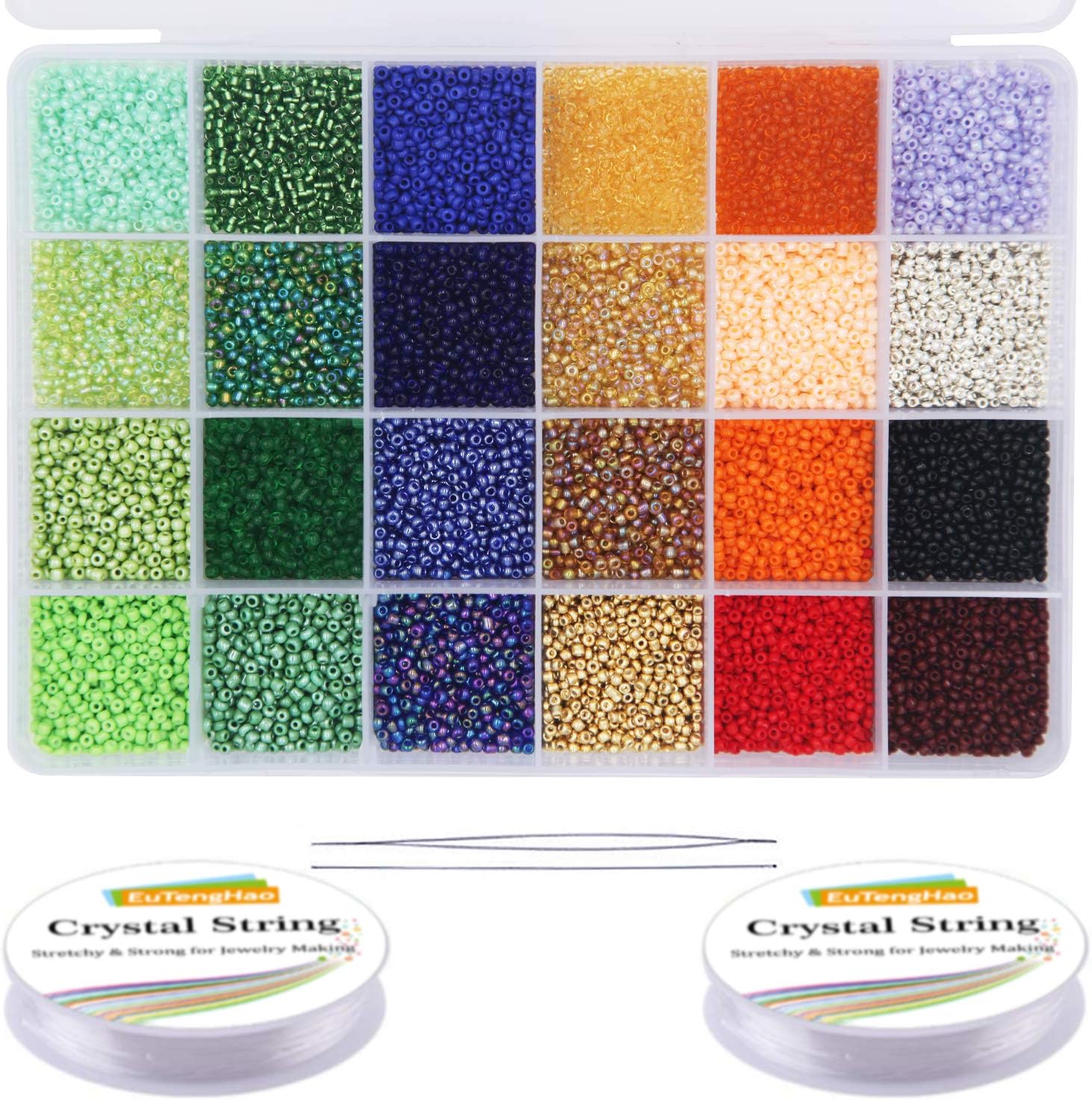 EuTengHao 14400pcs Glass Seed Beads Small Craft Beads for DIY Bracelet Necklaces Crafting Jewelry Making Supplies with Two 0.5mm Clear Bracelet String (600Pcs Per Color