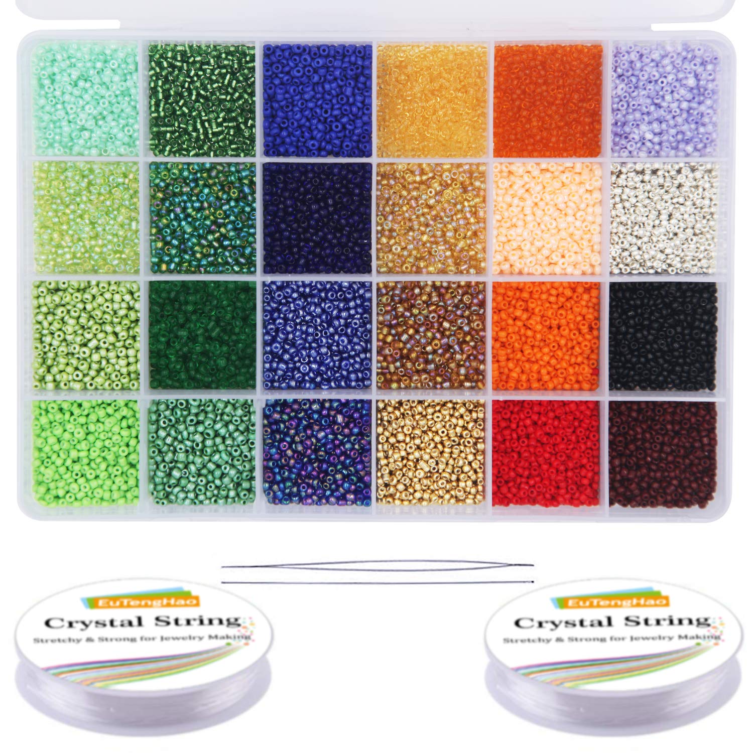 EuTengHao 14400pcs Glass Seed Beads Small Craft Beads for DIY Bracelet Necklaces Crafting Jewelry Making Supplies with Two 0.5mm Clear Bracelet String (600Pcs Per Color, 24 Colors)