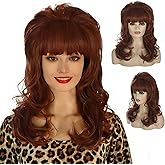 MORTICIA Women 80s Hippie Drag Queen Hair with Red Pearl Necklace Beehive Vintage Retro Bouffant Costume Curly Long Synthetic Wig with Bangs (Auburn)