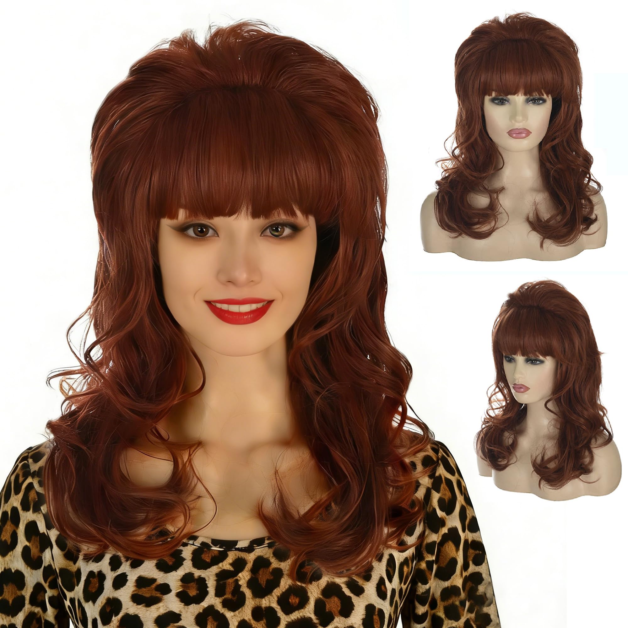Morticia Women 80s Hippie Drag Queen Hair Beehive Vintage Retro Bouffant Costume Curly Long Synthetic Bang Wig (Auburn)