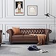 Chesterfield Sofa Leather, Modern PU Tufted Couch 3 Seater with Rolled Arms and Nailhead for Living Room, Bedroom, Office, Apartment (Dark Brown)