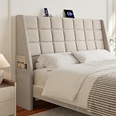 Queen Size Headboard with Charging Station, Wingback Ergonomic Headboards | Wingback Upholstered Bed Head Board with Storage Pocket, Sturdy Stable Solid Wood Headboard, Bed Frame Adapters, White Beige