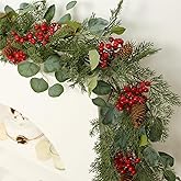 ZIFTY Christmas Garland for Mantle 5.9FT Artificial Pine and Cypress with Red Berries Eucalyptus Leaves Pine Cone Perfect for Indoor and Outdoor Holiday Decorations Xmas Decor for Stairs