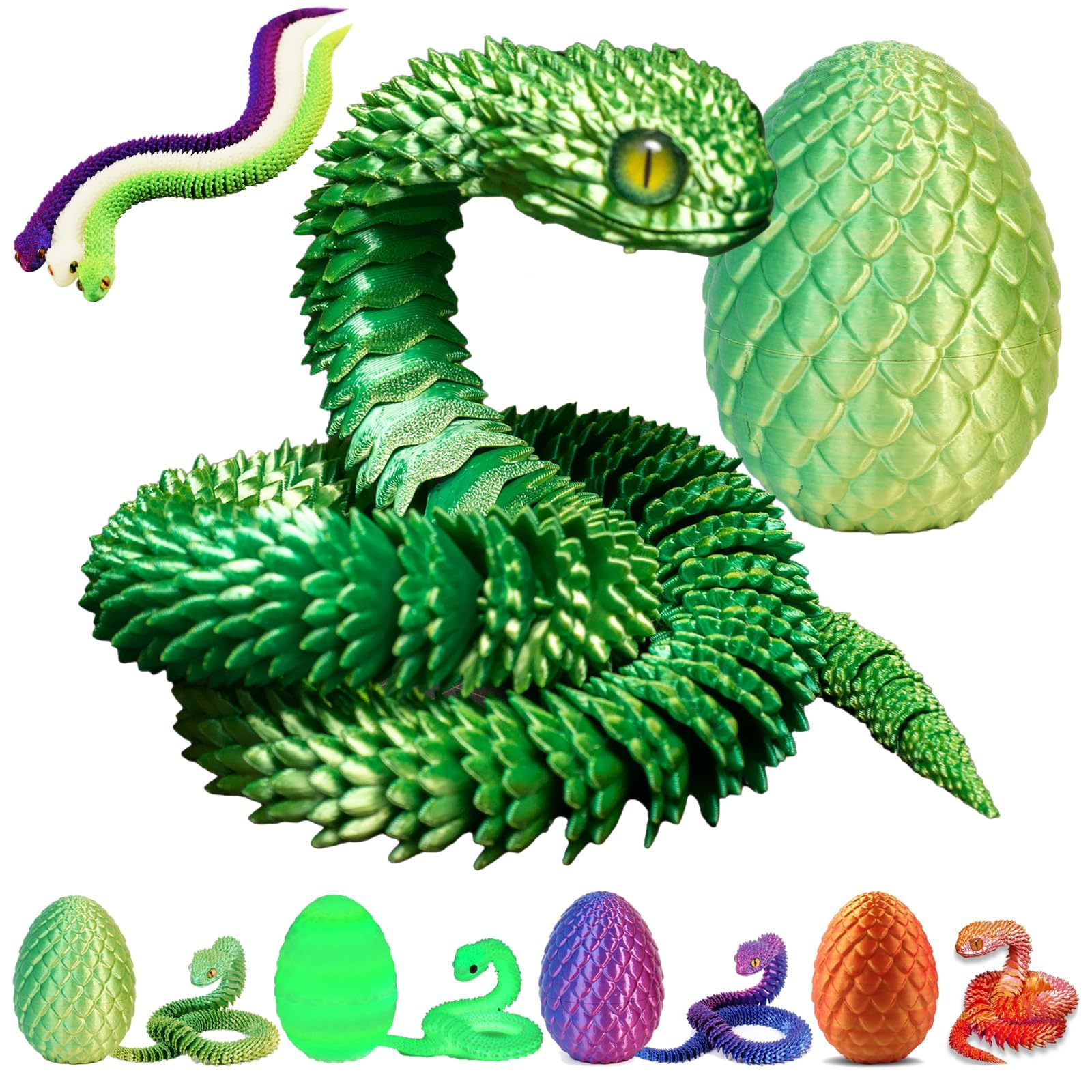 nnOuOnn 3D Printed Snake in Easter Egg, 3D Printed Fidget Mini Animals Toy Articular Mobility Toys, Articulated Flexible Snake Statue Decor for Home Office (Green)