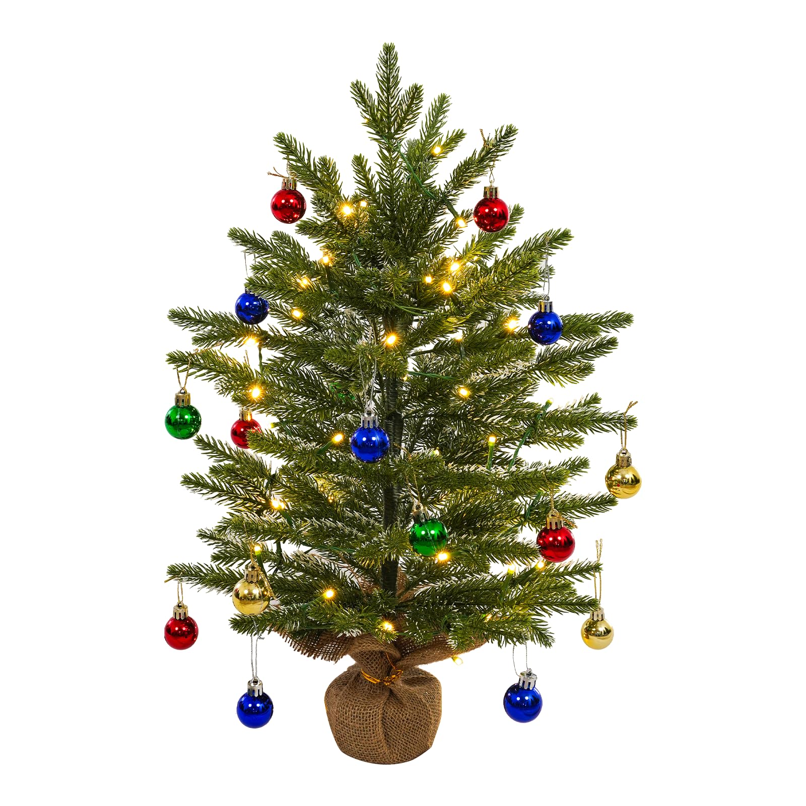 Uten 2ft/60cm Artificial Mini Christmas Tree, PE Tabletop Small Christmas Tree with 50 LED String Lights, 18 Decorative Balls, Burlap Base for Office Dinner Table Windowsill Desktop Xmas Decoration