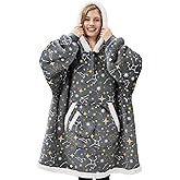 Giggling Getup Wearable Blanket Hoodie for Adults Gifts for Teen Girls Sister Women Sherpa Fleece Printed Hooded Blanket Sweatshirt Warm Cozy with Pocket & Sleeves Grey Glowing Stars