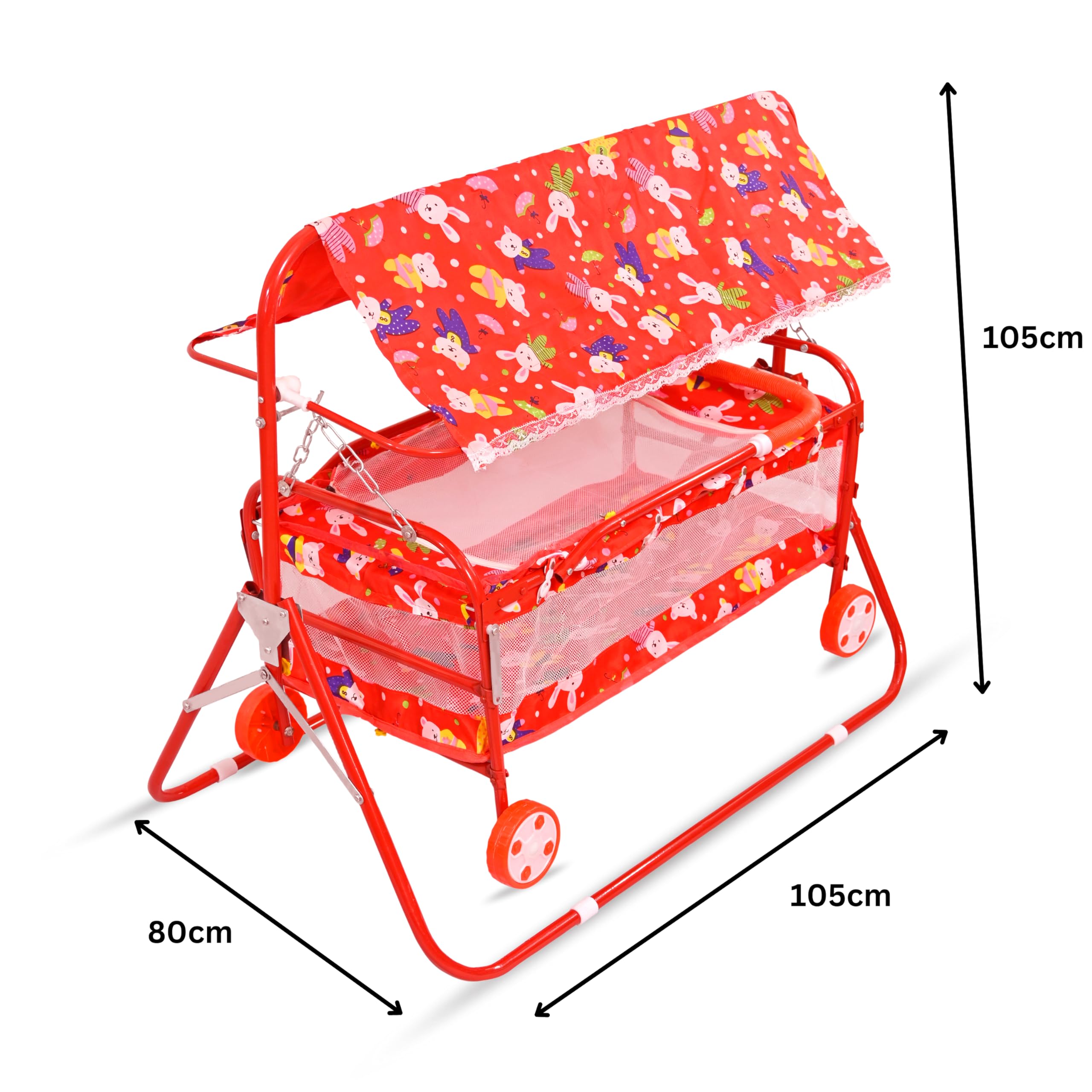 AVANI METROBUZZ Baby Cradle Mosquito Net Jhula Palna Stroller Infant & Toddler Beds Born Baby 1-2 Years Babies-Newborn Baby Cotton Baby Sleep Baby Bedding Cradle with Wheels AM1 (Red) 1