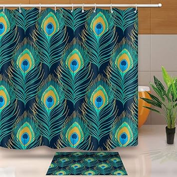 JoneAJ Pfauenfeder-Duschvorhang mit 12 Kunststoffhaken Wasserdichter