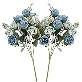 Neendohome 5 Stems 10 Heads Artificial Flowers Small Roses with Leaf Bouquet for Valentines Decoration Kitchen Wedding Office (2 Pack, Blue)