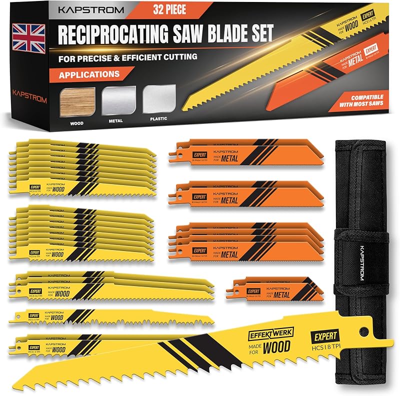 KapStrom Reciprocating Saw Blade Set 32 Pcs Heavy-Duty HCS Bi-Metal Wood Metal