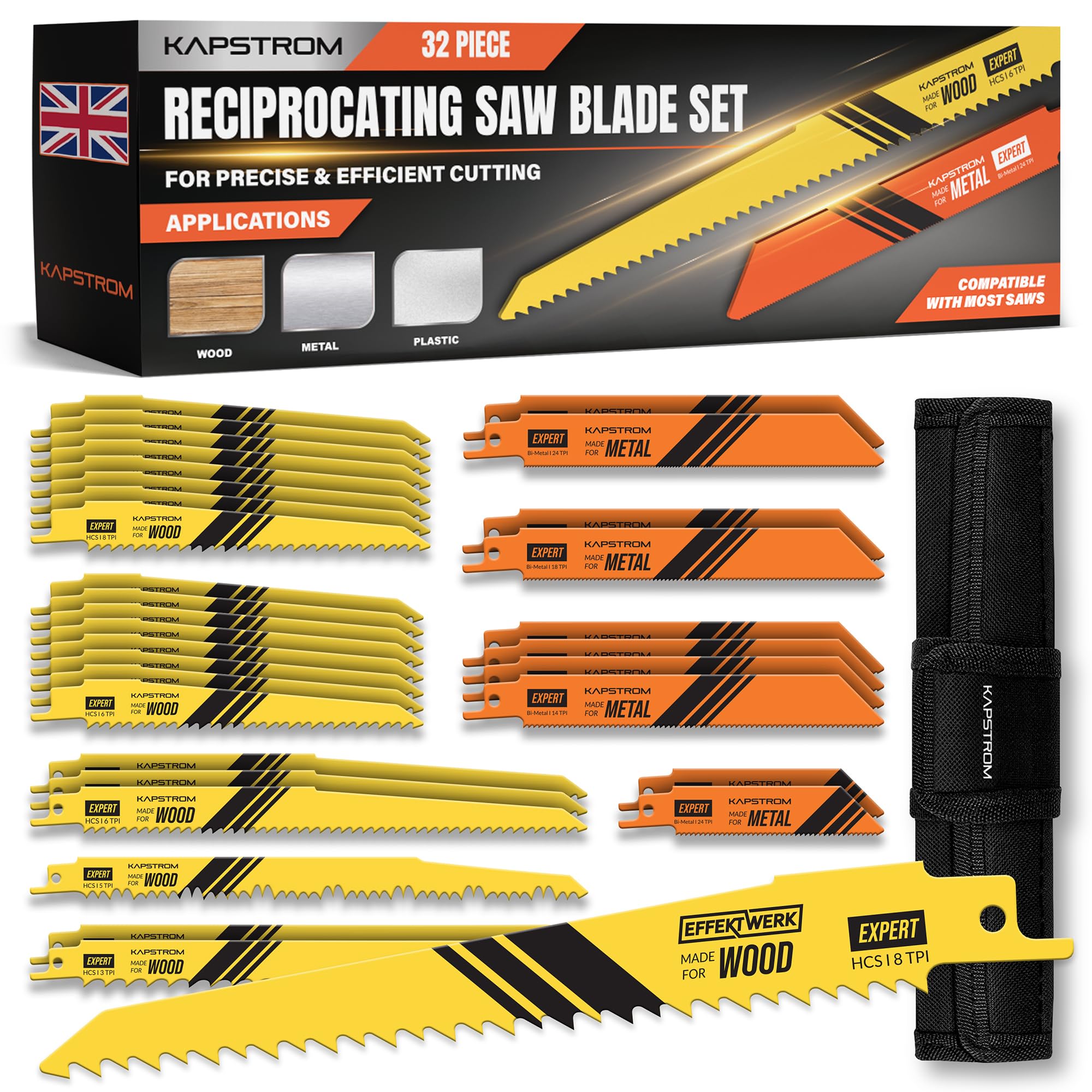KapStrom Reciprocating Saw Blade Set, 32 Sharp & Heavy-Duty Replacement Saw Blades w/Storage Case, HCS & Bi-Metal Sabre Saws for Wood, Metal & Plastic, Carbide Steel Strength for Tree Pruning