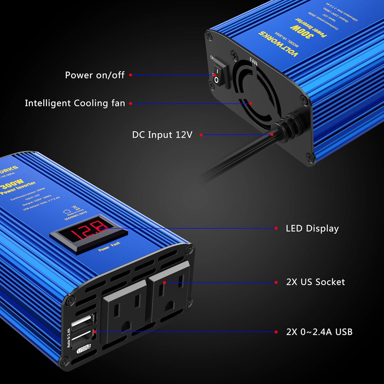 Power Inverter 300W Car Inverter DC 12V to 110V AC Converter with LED Voltage Display & 4.8A Dual USB Car Adapter Charger by VOLTWORKS: Electronics