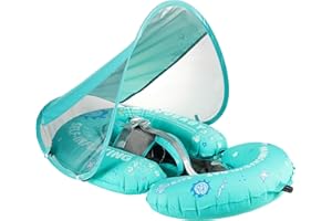 ANJEEIOT Mambobaby Float Baby Pool Float with Canopy & Tail Portable Baby Float Self-Inflating Compressible Folding Swimming Floating Bed Water Swim Float for Infant Toddler 3-24 Momths, Green