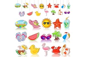 PURPEAK 30 Pcs Summer Wood Hanging Ornaments Beach Wooden Slices Coconut Pendant Tags Hanging Decoration with String Summer Tree Ornament for Luau Party Supplies Hawaiian Party Decorations, 15 Styles