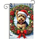 Merry Christmas Garden Flag 12 x 18 Inch Double Side Funny Yorkshire Terrier Dog Garden Flag with Santa Hat Yard Outside Decorative Banner Holiday Seasonal Yard Flag
