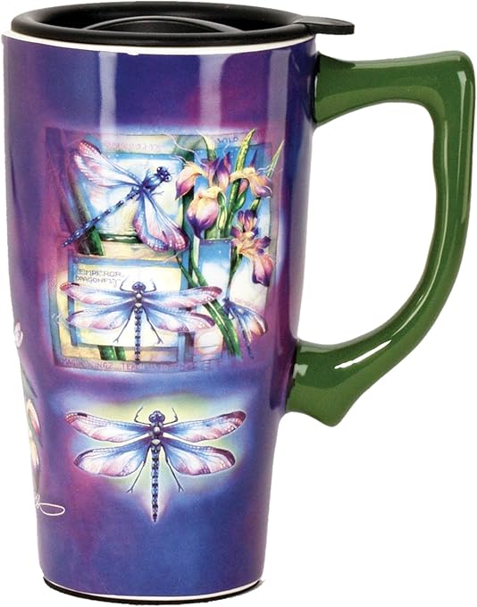 Amazon Com Spoontiques Dragonfly Ceramic Travel Mug 18 Ounces Purple Kitchen Dining