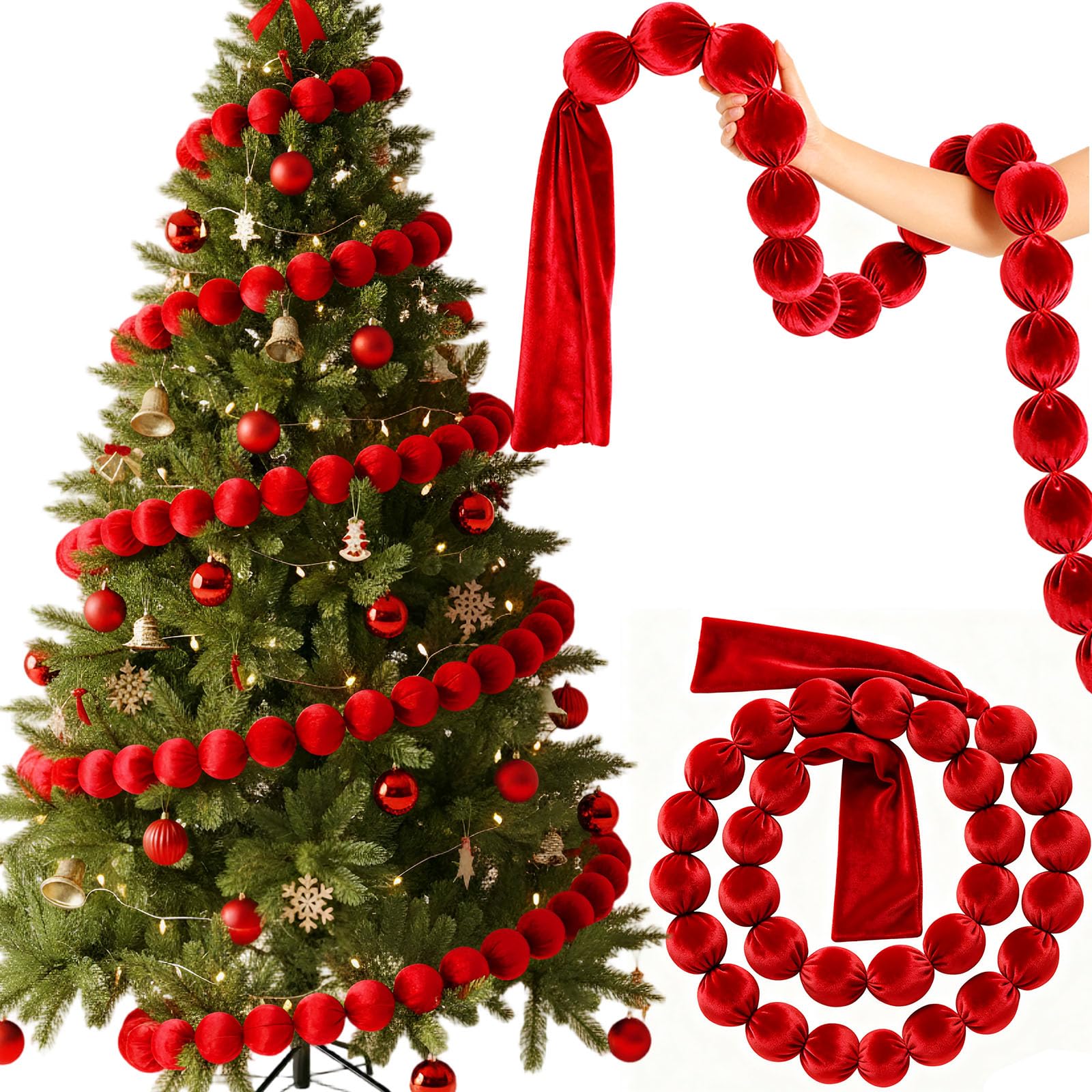 Photo 1 of Suncalla 9 ft Extra Large Christmas Velvet Ball Garland Christmas Ornament 2.8 Inch Beads Xmas Hanging Ball Garland Decor for Tree Fireplace Mantel Holiday Party Indoor Outdoor (Red)