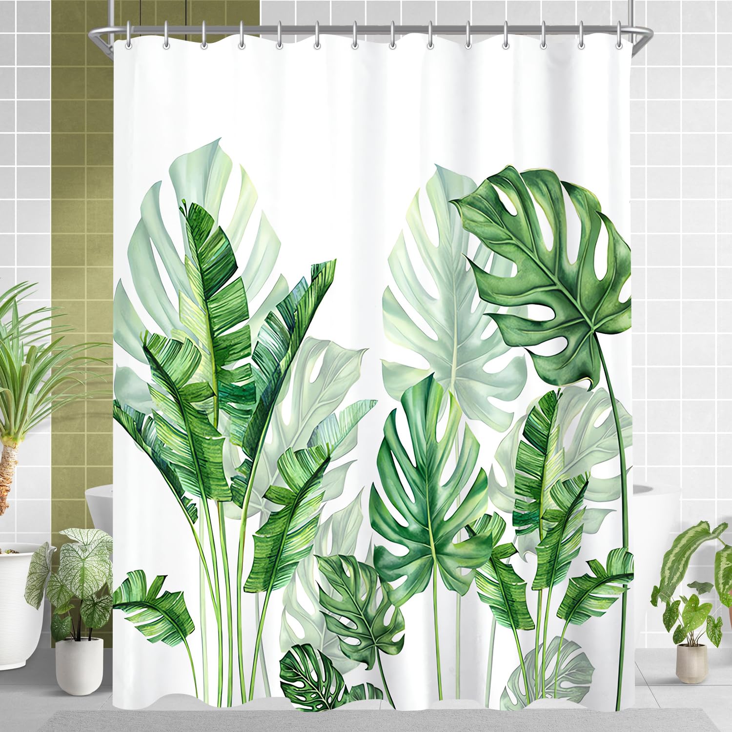 Lerores Shower Curtain, 200x200 cm, Green Leaves Weighted Hem, Anti-Mould Textile, Washable Polyester Fabric Bath Curtains with Eyelets and 12 Shower Curtain Rings for Bathroom, Bathtub