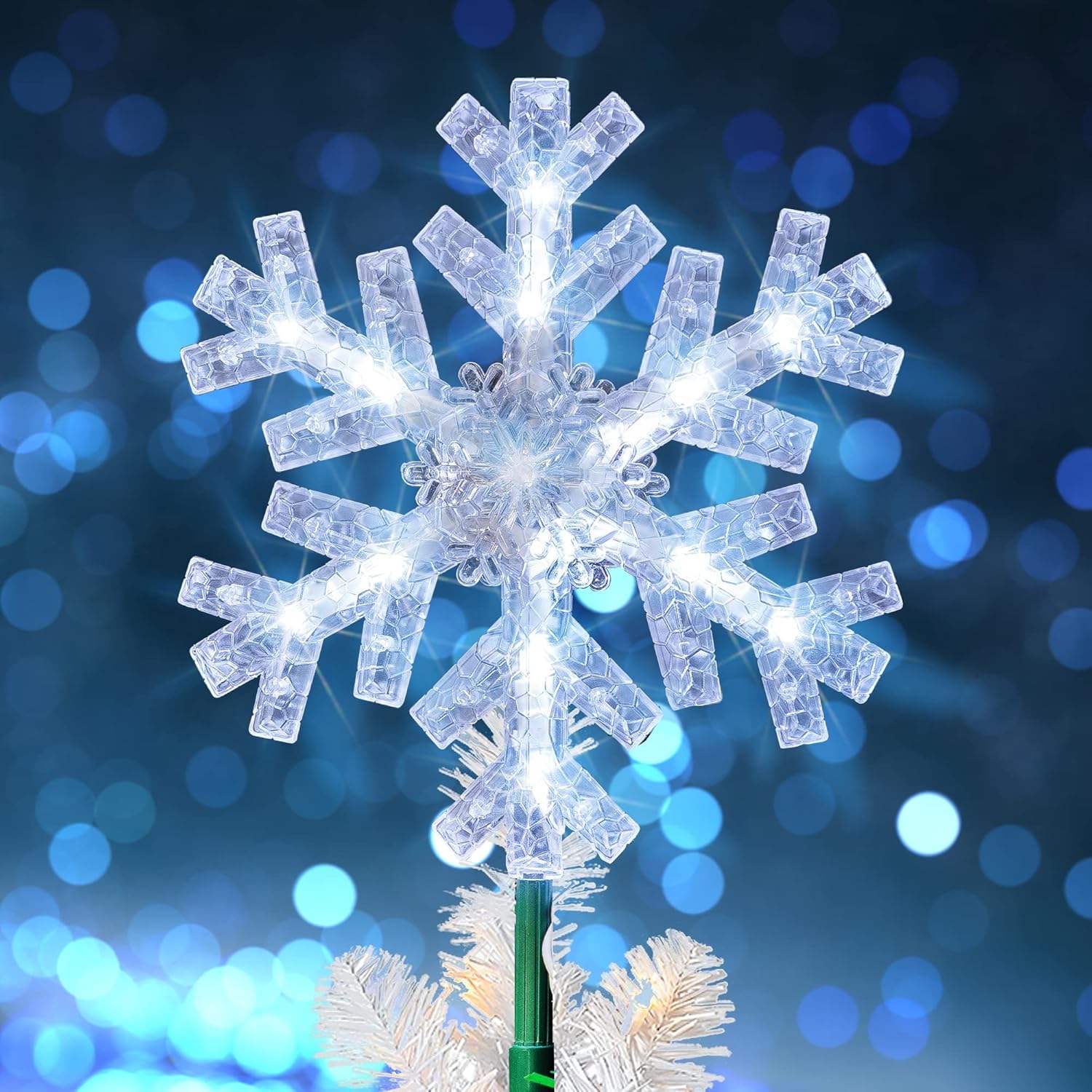 Tree Toppers - Dazzle Bright Snowflake Christmas Tree Topper, 9 inch Christmas Tree Topper Ornament with 15 White LED Lights, Lighted Tree Topper Christmas Decorations for Xmas Indoor Holiday Decor