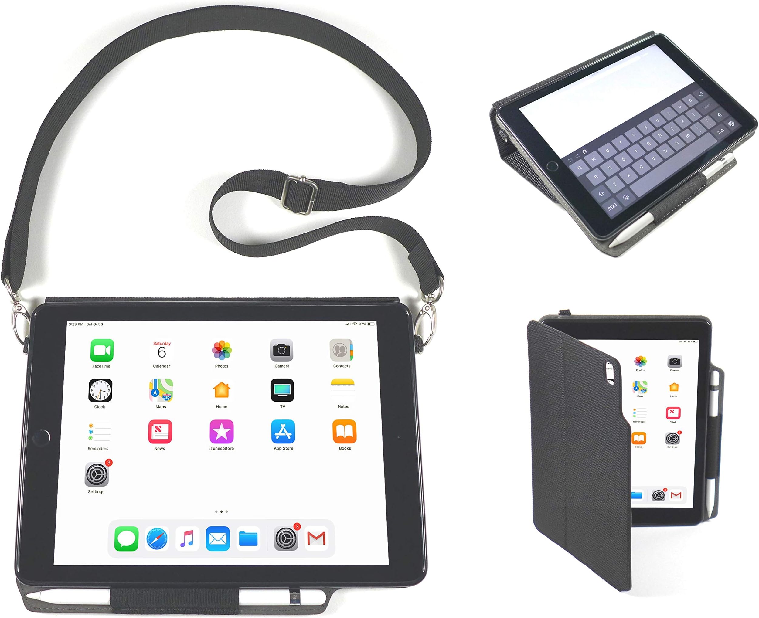 Model V3 – Apple iPad Carrying Case & Tablet Stand for 9.7 Inch 2017 iPads Generation 5 & 6 / Air 1 & 2 w/Kickstand, Stylus Holder & Shoulder Strap, Protective Black Ballistic Nylon