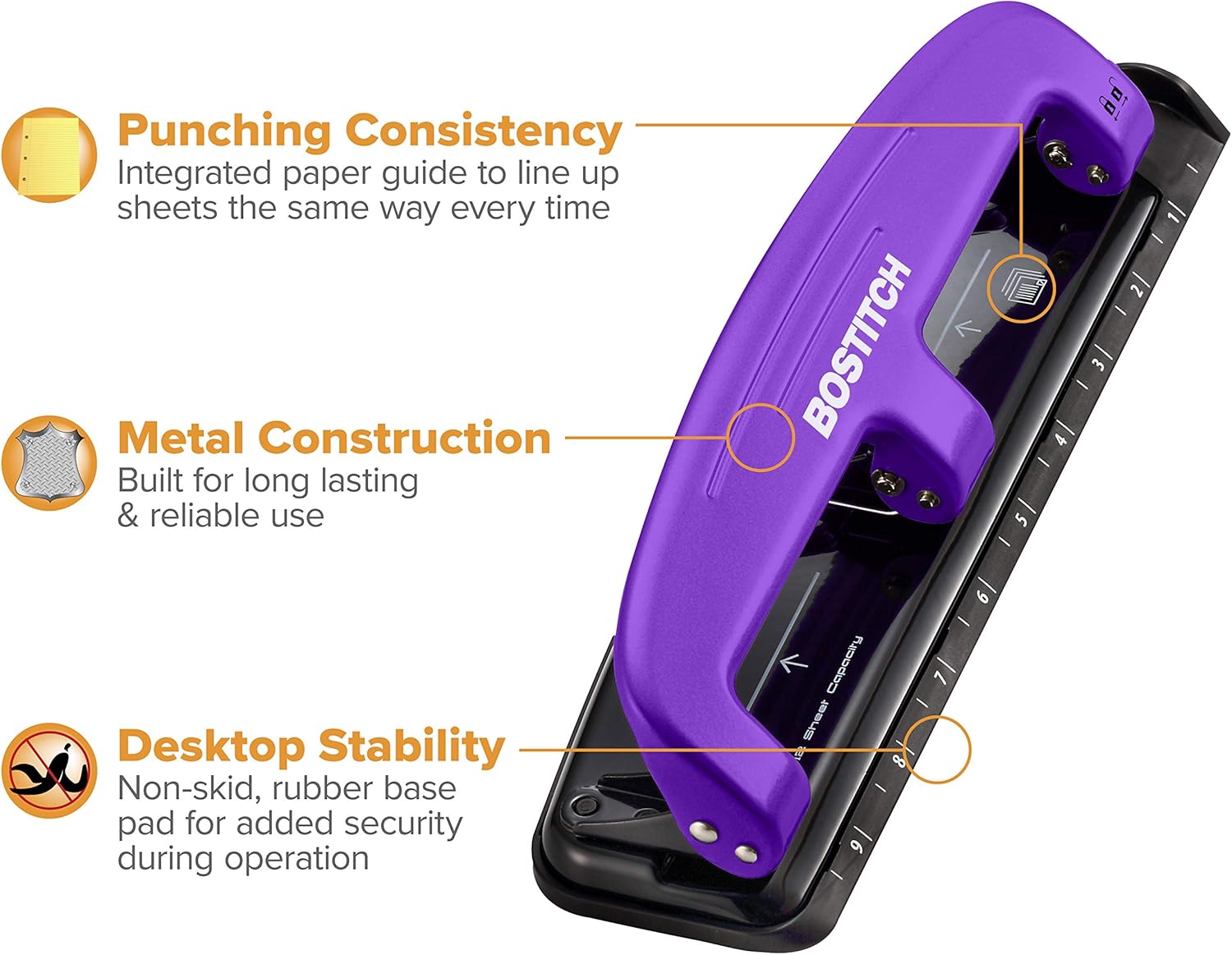 Bostitch Office EZ Squeeze Reduced Effort 3-Hole Punch, 12 Sheets, Purple (2105), 1.6" x 3" x 11" : Desk Staplers : Office Products
