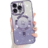 Bonoma Compatible with iPhone 16 Pro Max Case Support for MagSafe, Plating Heart Glitter Magnetic 2* Screen Protector TPU Camera Protection Back Cover for Girls Women -Purple