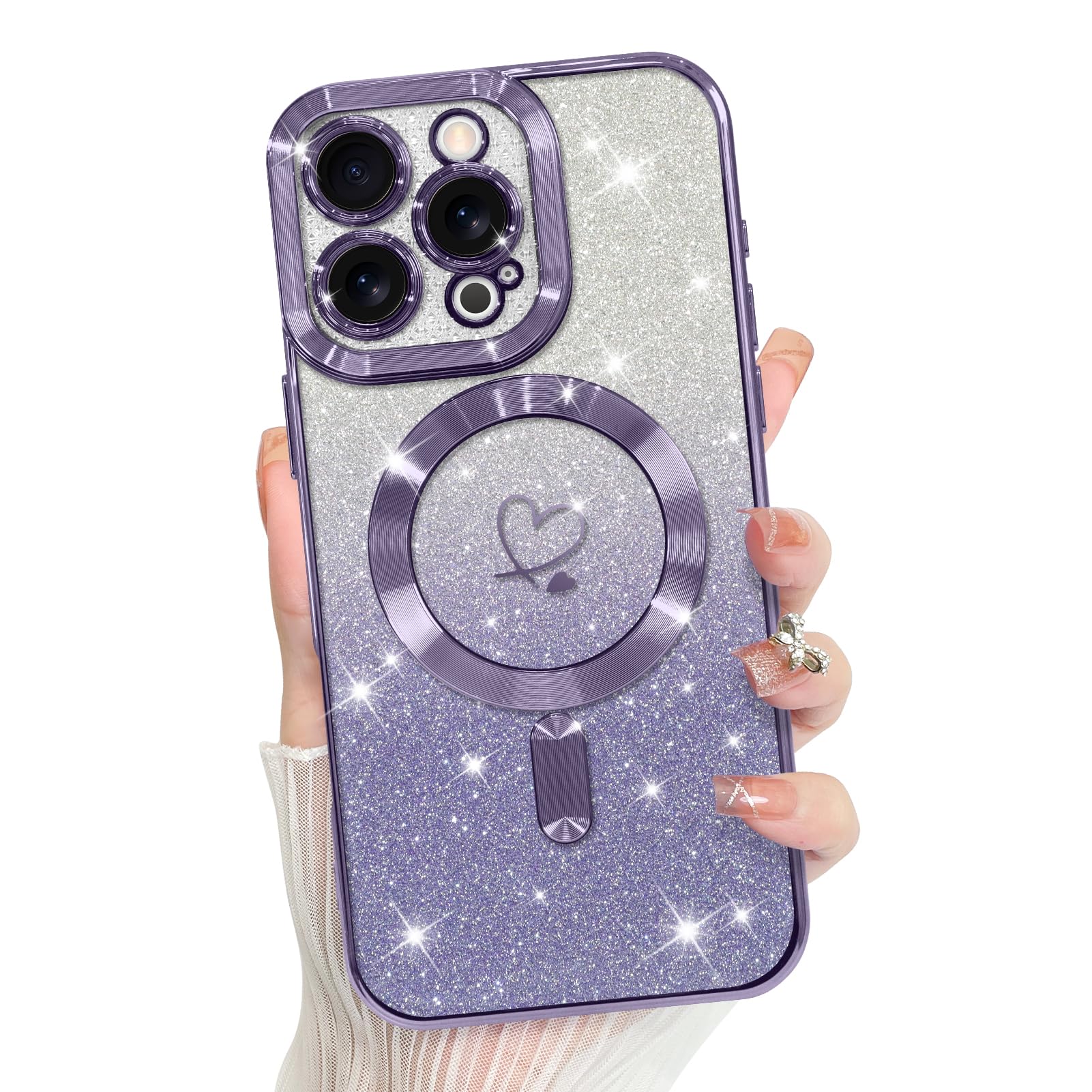 Photo 1 of Bonoma Compatible with iPhone 16 Pro Case Support for MagSafe, Plating Heart Glitter Magnetic 2* Screen Protector TPU Camera Protection Back Cover for Girls Women -Purple